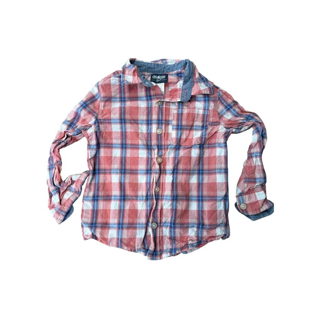 OshKosh Bgosh Toddler Boys Red Blue Plaid Long Sleeve Button Down Shirt 4T